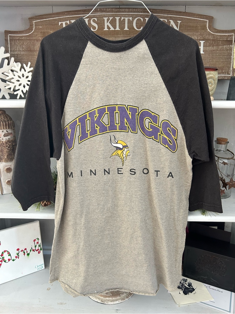 NFL Minnesota Vikings Raglan Tee in Gray and Black with Purple/Gold Logo